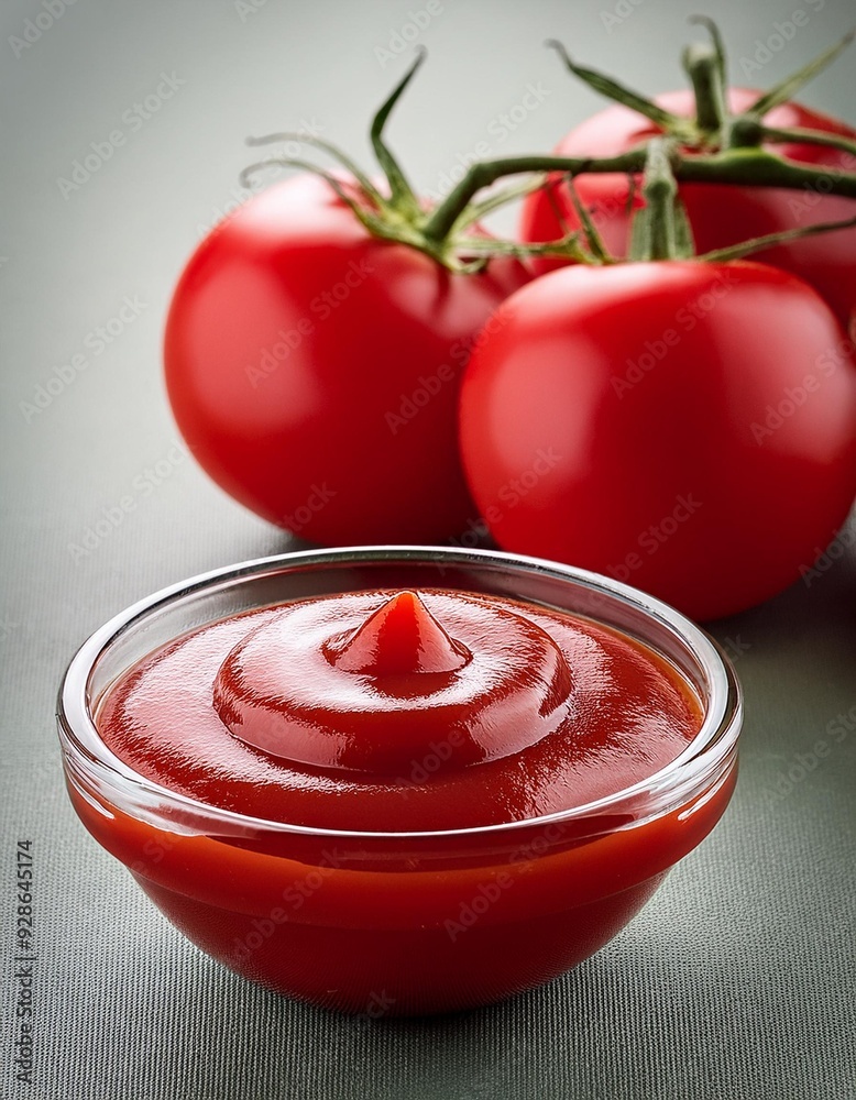 Fresh delicious ketchup in bowl with tomatoes Fresh delicious ketchup in bowl with tomatoes