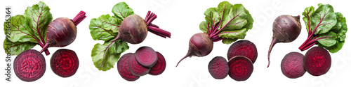 set of a top view of a whole and sliced beet with leaves. With a clipping path. The full depth of field is in focus on a transparent background