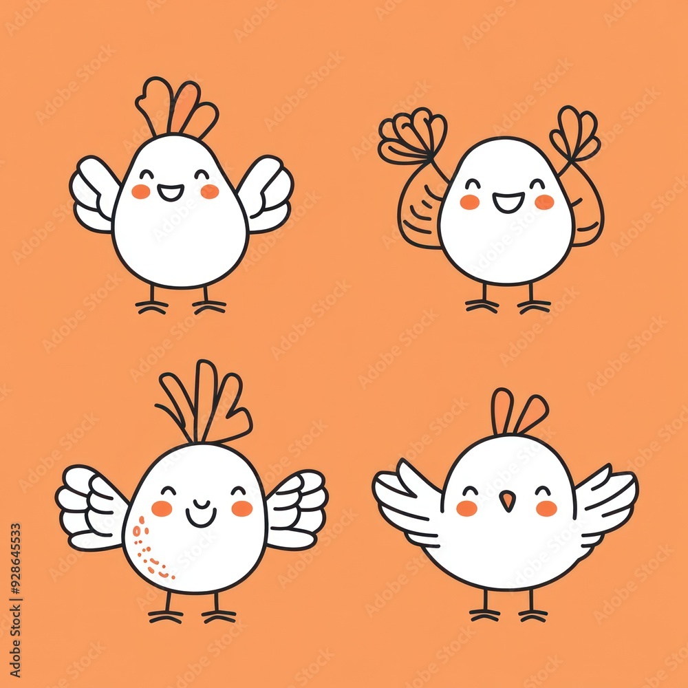 Four cute cartoon chickens with different expressions on an orange background. Four cute cartoon chickens with different expressions on an orange background.