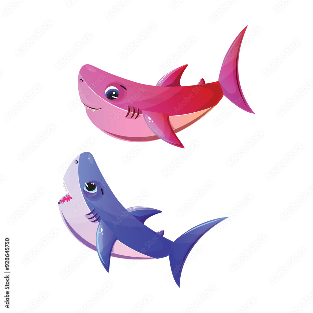 Obraz premium Cute pink and blue sharks representing love and romance, ideal for Valentines illustrations