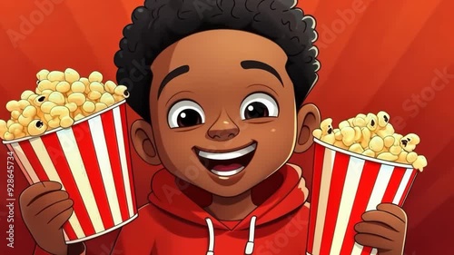 portrait cartoon smiling African American child borl eating popcorn from big cinema red striped box over red background, banner excited movie photo