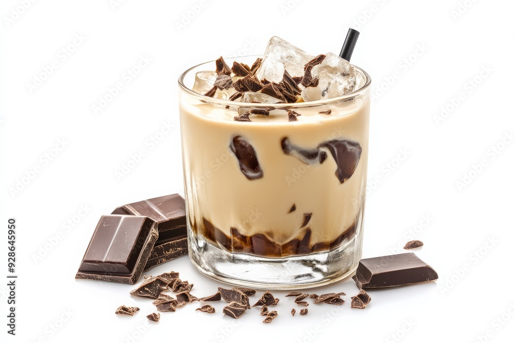 Iced coffee with chocolate shavings in a glass surrounded by chocolate pieces, isolated on white background. Iced coffee with chocolate shavings in a glass surrounded by chocolate pieces, isolated on white background.