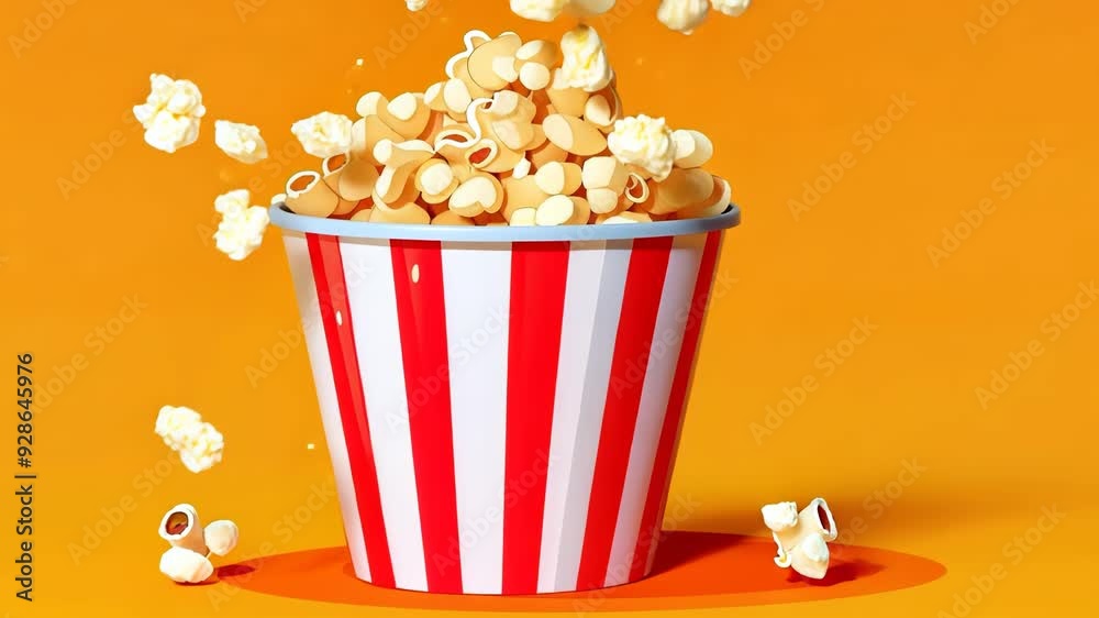 cinema popcorn bowl on yellow background, tasty popcorn red striped carton bucket box, 