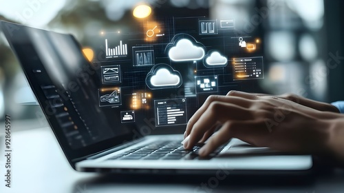 A person using a laptop displays multiple files and cloud storage icons around the screen, illustrating how different types of data stored in clouds can be accessed by a computer or tablet