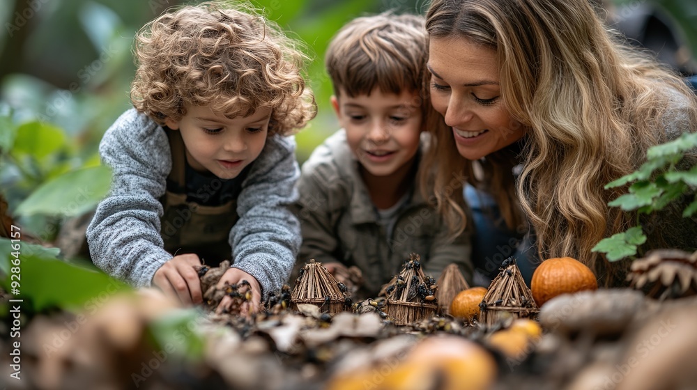 A mother and her son are creating a bug hotel or insect house together ...