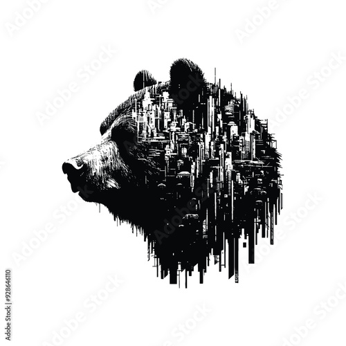 silhouette of grizzly bear filled with destroyed futuristic dystopia environment in rough drawing,