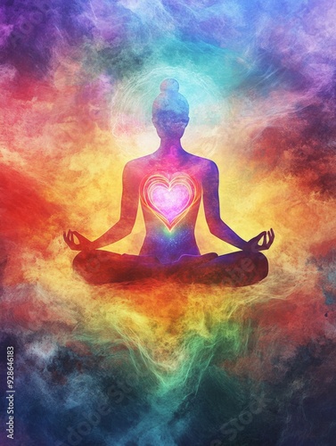 A serene figure meditating with glowing heart, surrounded by vibrant colors, evokes sense of peace and love. 