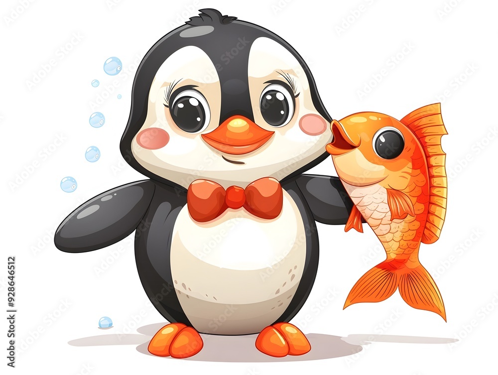 Fototapeta premium Cute Cartoon Penguin Wearing Bow Tie Holding a Fish on White Background