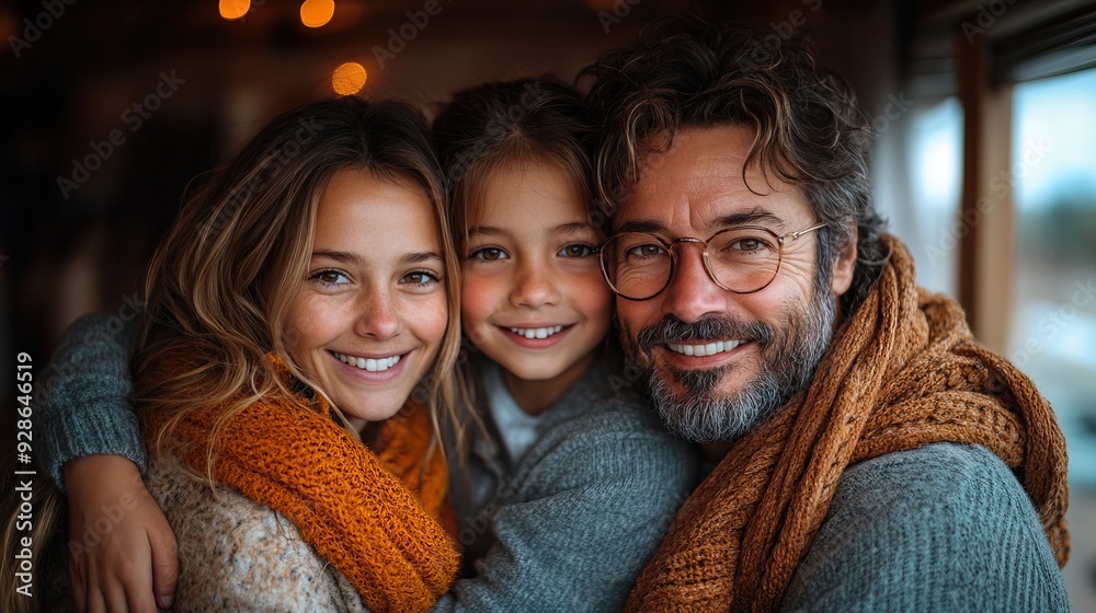A multi-generation family on a caravan holiday trip is looking at the camera outdoors at dusk. A multi-generation family on a caravan holiday trip is looking at the camera outdoors at dusk.