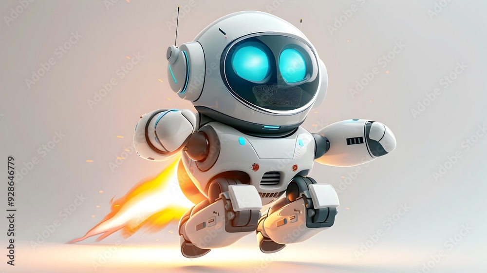 Cheerful Cartoon Robot with Jetpack Soaring through the Air on White Background Cheerful Cartoon Robot with Jetpack Soaring through the Air on White Background