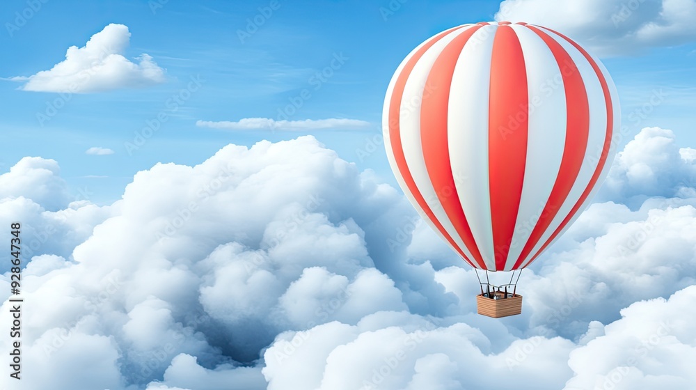 Fototapeta premium A hot air balloon drifts above the clouds, surrounded by a bright blue sky, capturing the spirit of adventure and the joy of flight on a beautiful day