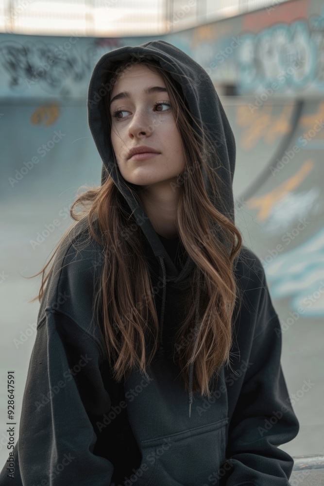 A woman sits on a skateboard, wearing a black hoodie A woman sits on a skateboard, wearing a black hoodie