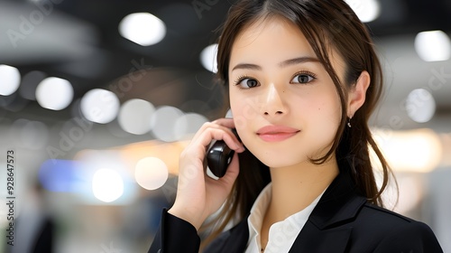 A photo of a A female saleswoman making a phone call. Japanese