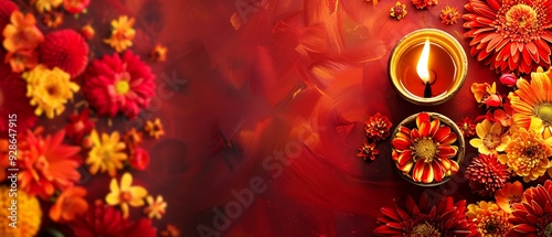 Colorful Happy Diwali festival backdrop with bokeh lights, oil lamp, flower on red background