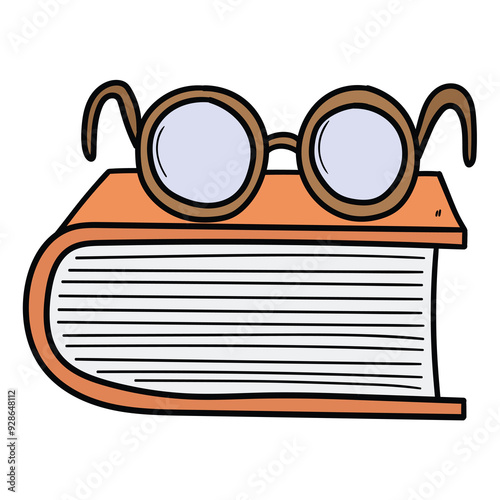 Hand drawn cartoon closed book with eyeglasses on white background.