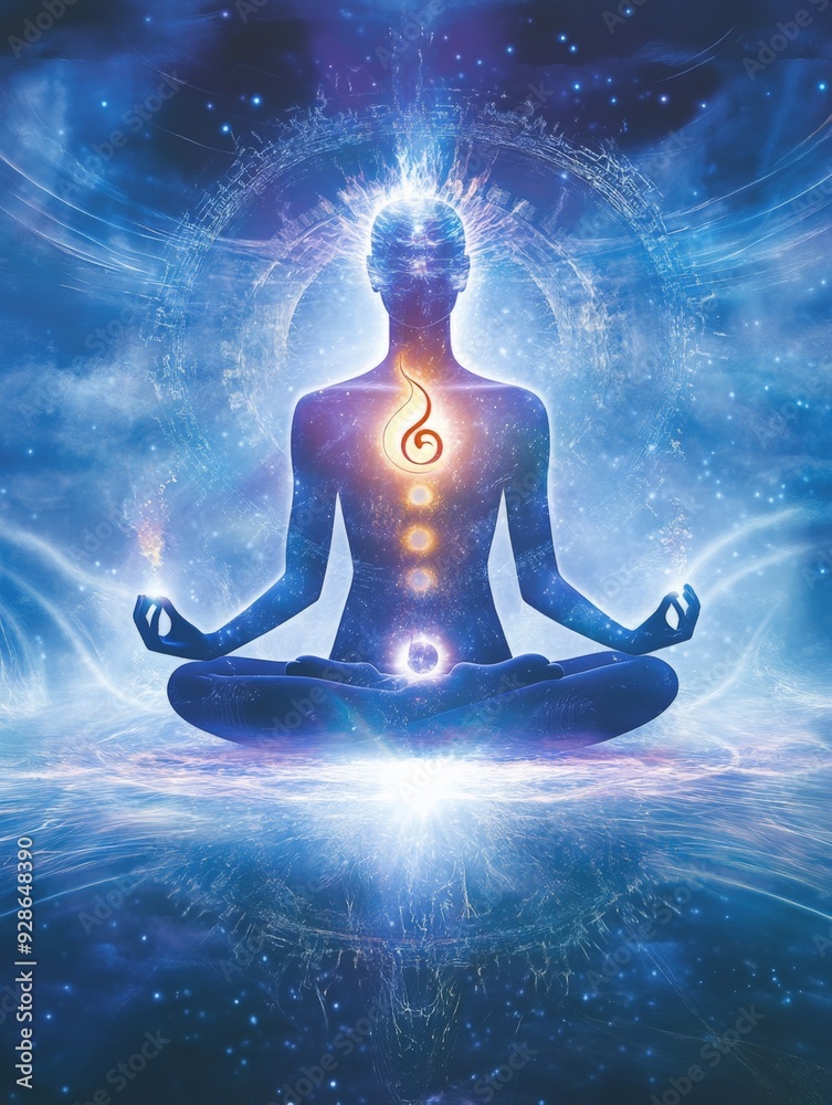 A serene figure meditating in cosmic environment, radiating energy and light. image evokes sense of peace and spiritual connection. A serene figure meditating in cosmic environment, radiating energy and light. image evokes sense of peace and spiritual connection.