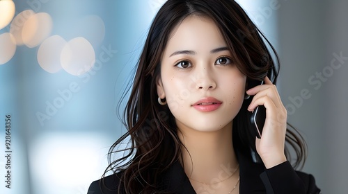 A photo of a A female saleswoman making a phone call. Japanese