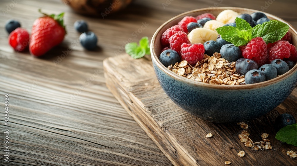Bowl of muesli with fresh fruit sitting on rustic wooden table Bowl of muesli with fresh fruit sitting on rustic wooden table