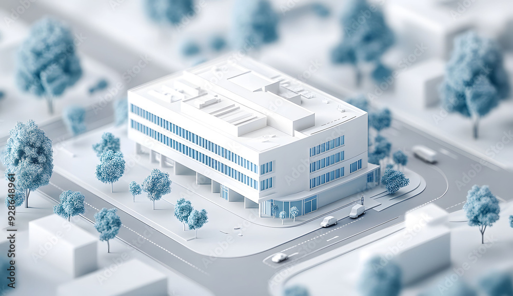 A detailed architectural model of a hospital building, highlighting modern design elements and intricate details with visible blueprints on the floor plan. A detailed architectural model of a hospital building, highlighting modern design elements and intricate details with visible blueprints on the floor plan.
