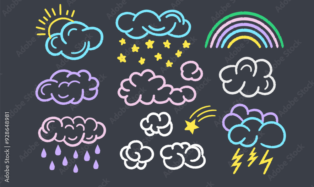 Set of colorful cloud by crayon pencil doodle. Sun, rainbow, rain, stars, and lightning outline chalk brush Set of colorful cloud by crayon pencil doodle. Sun, rainbow, rain, stars, and lightning outline chalk brush