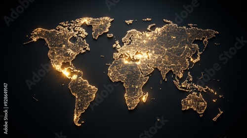 Fototapeta Naklejka Na Ścianę i Meble -  A beautiful illuminated world map showcasing cities and regions with glowing lights on a dark background, symbolizing connectivity.