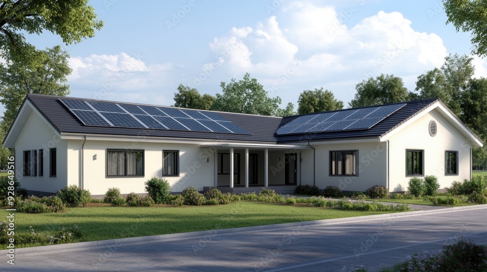 A simple, modern house featuring solar panels on the roof sits amidst green trees against an all-white background A simple, modern house featuring solar panels on the roof sits amidst green trees against an all-white background