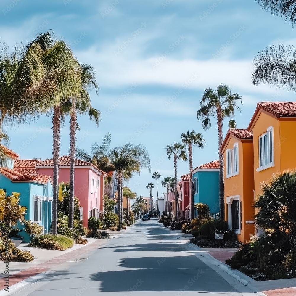 street with colorful houses and palm trees. The houses are painted in different bright colors.