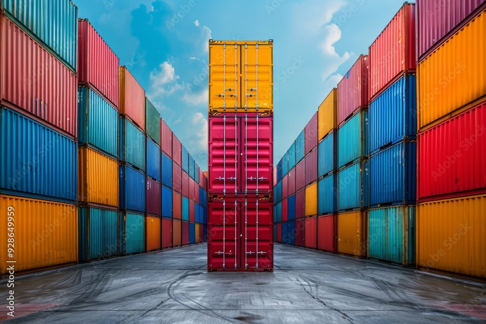 Fototapeta premium Cargo containers in the storage area of freight sea port terminal