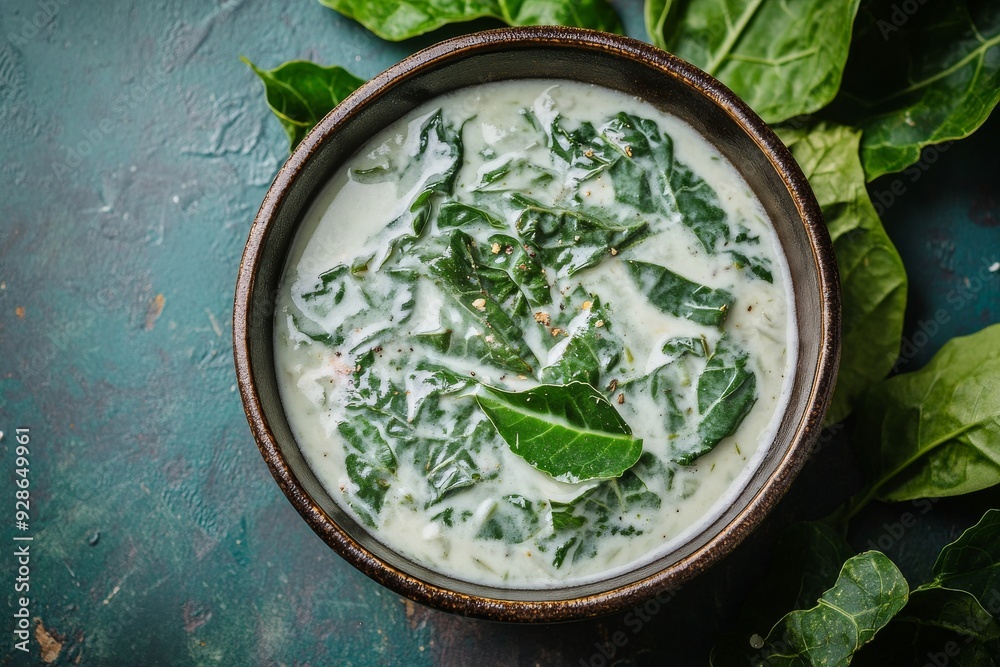 Obraz premium Cassava Leaves, Young cassava leaves cooked in coconut milk with a blend of spices, creating a creamy and flavorful vegetable dish.