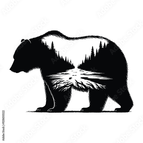 silhouette of grizzly bear filled with river view in rough drawing,
