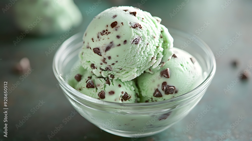 Closeup of Mint Chocolate Chip Ice Cream in a Glass Bowl. Closeup of Mint Chocolate Chip Ice Cream in a Glass Bowl.