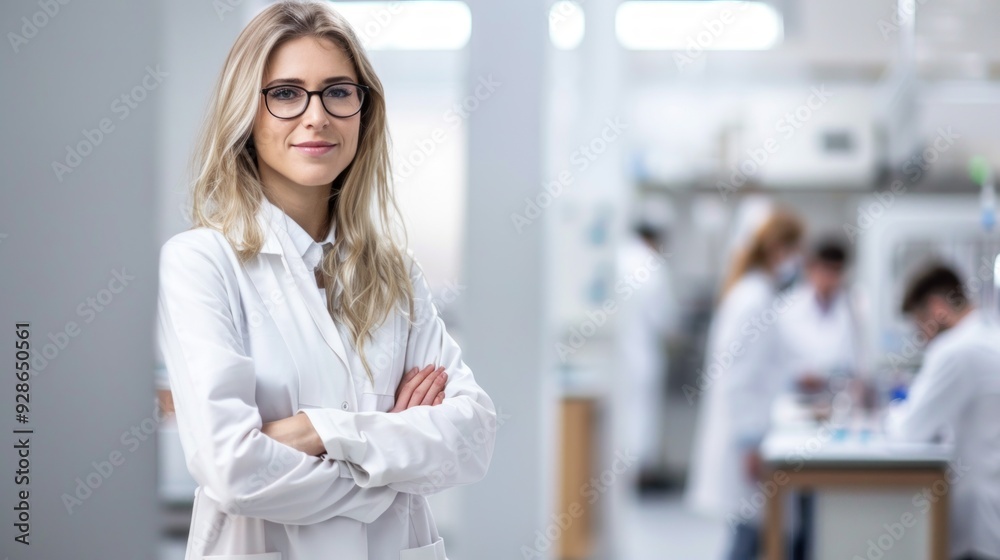Confident young caucasian woman scientist with blonde hair in a white lab coat Confident young caucasian woman scientist with blonde hair in a white lab coat
