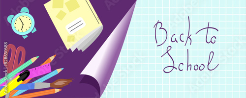 Back to school horisontal banner with lettering. School supplies stationery hand drawn doodles. Checkered grid sheet background. School stuff flat style. Education theme advertation flyer template. 