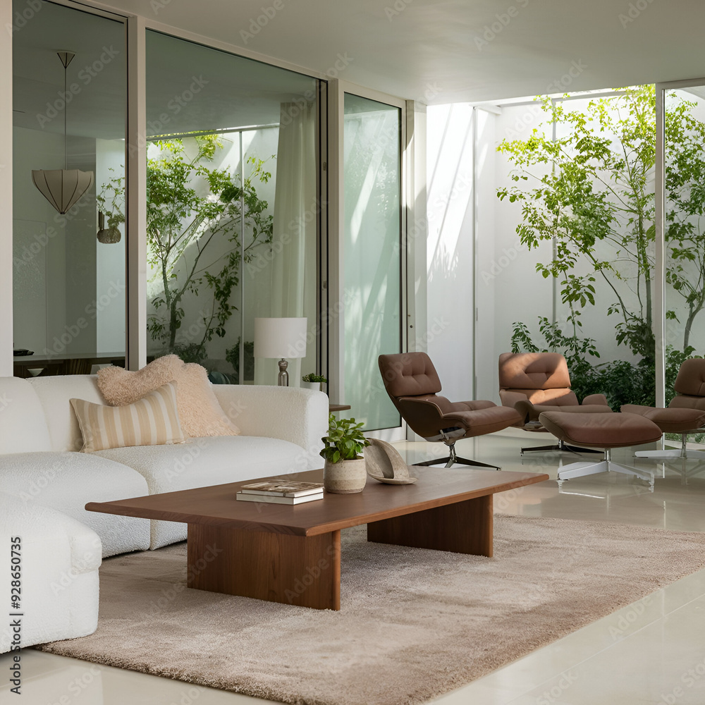 Fototapeta premium Terra cotta armchairs near white sofa with cushions in room. Mid-century style home interior design of modern living room in house. 