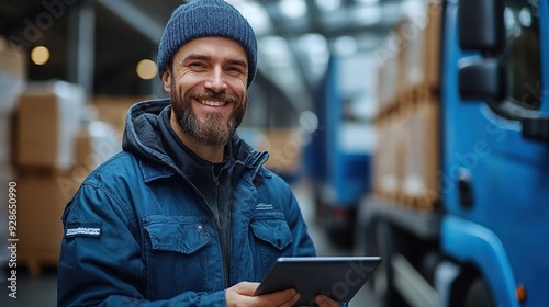 A smiling warehouse receiver stands by a blue truck, holding a tablet. The receiving clerk is checking cargo details and verifying delivered items against the order.