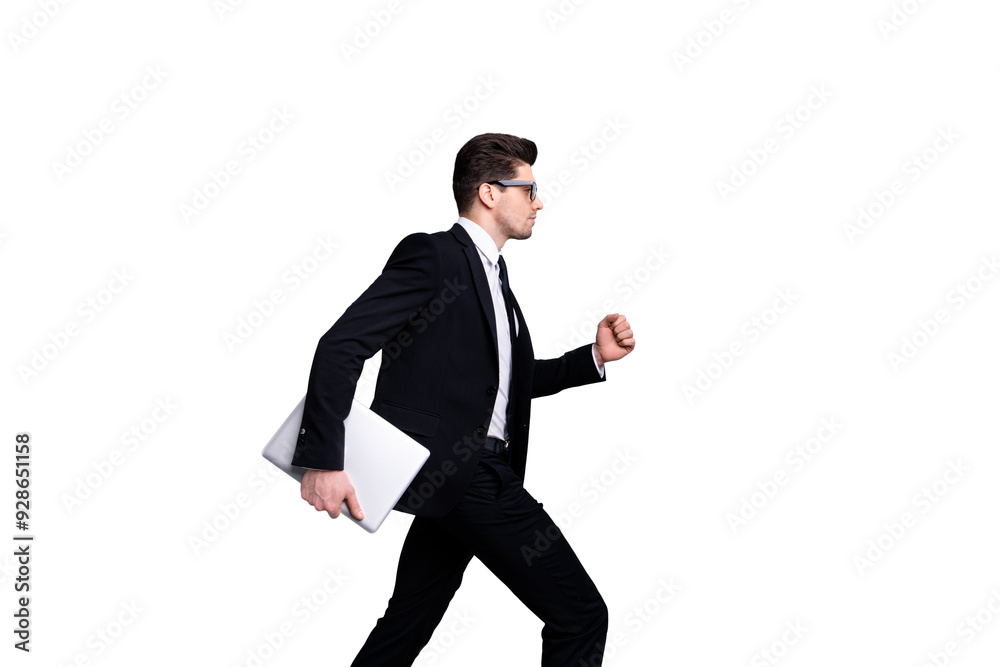 Profile side view portrait of nice chic attractive content guy carrying in hands laptop marketing manager executive leader expert development agent broker walking isolated over light gray background Profile side view portrait of nice chic attractive content guy carrying in hands laptop marketing manager executive leader expert development agent broker walking isolated over light gray background