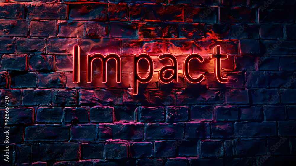 Bold red neon sign with the word impact stands out against a dark city wall, capturing attention with its vibrant glow and striking design at night