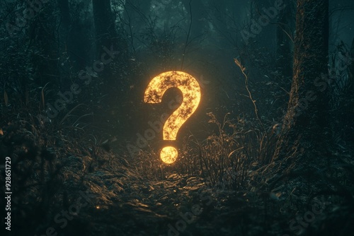 A question mark icon glowing in the darkness of a dense forest, representing an enigmatic journey or mystery.  photo