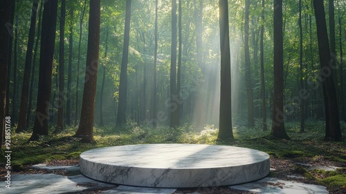 Round marble podium illuminating lush forest clearing at sunrise