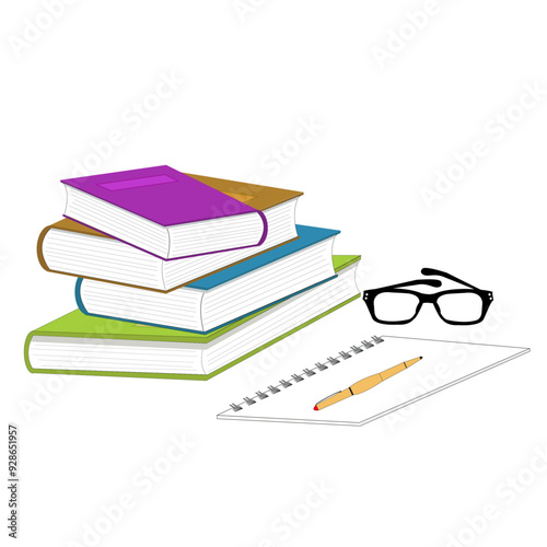 Ensemble de livres empilés avec carnet, stylo et paire de lunette sur fond blanc