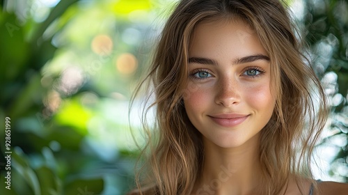 Young woman in a botanical garden portrait.