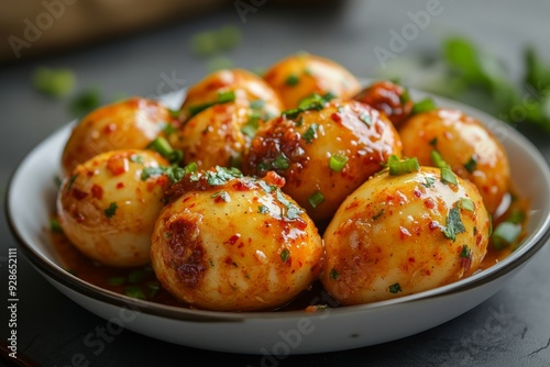 Spicy Eggs, Boiled eggs that are fried and then coated with a spicy chili sauce.