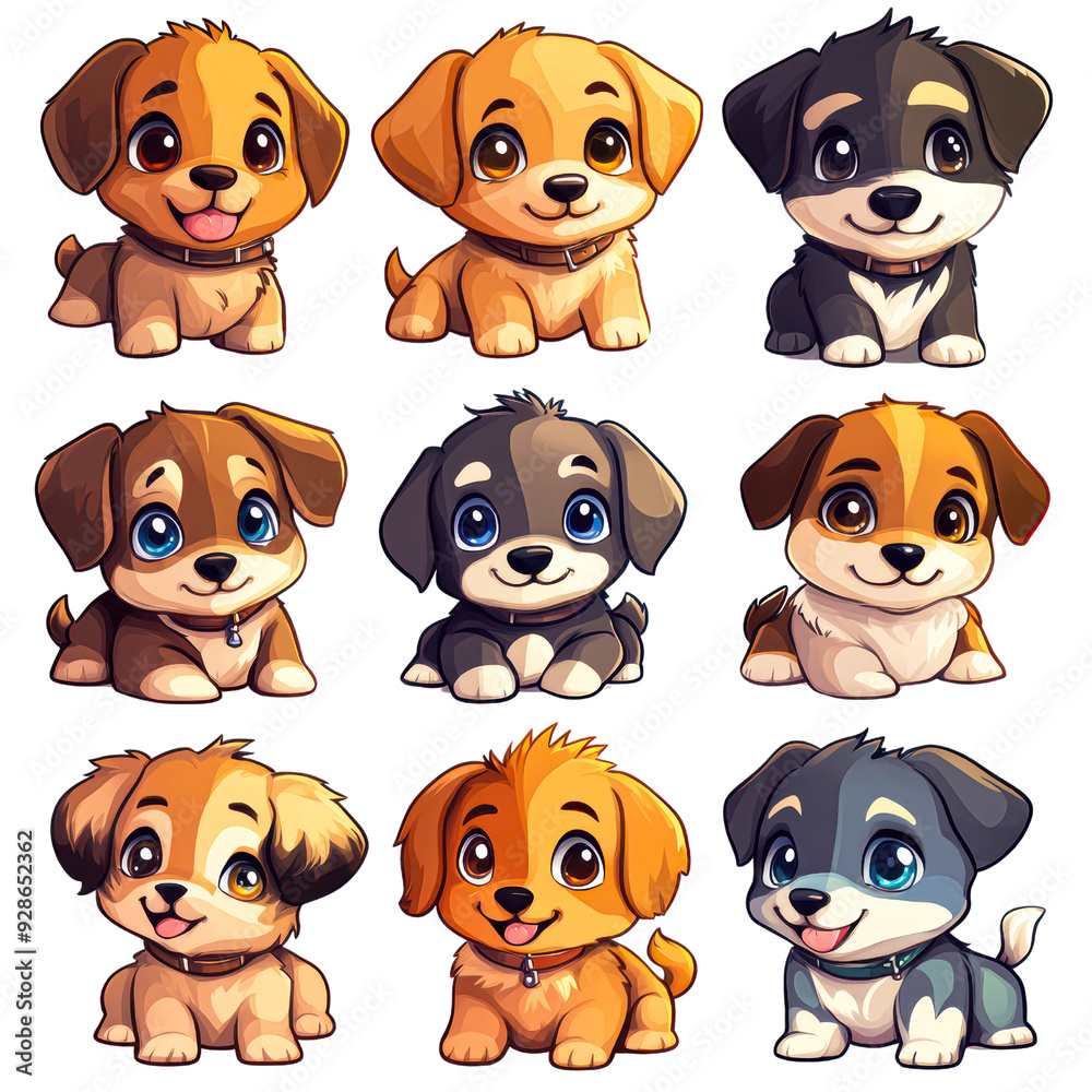 Obraz premium Adorable illustrations of various cartoon puppies with big eyes and expressive faces isolated on transparency PNG background, often used for children's products, educational materials