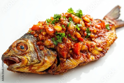 Spicy Fish, Fish that is deep-fried and then topped with a spicy sambal made from chilies, tomatoes, shallots, and garlic, Isolated on White Background photo