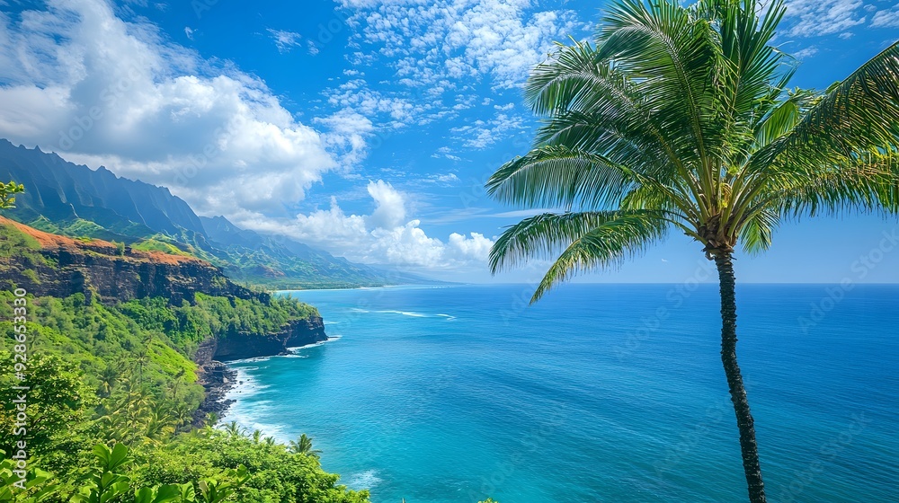 Tropical Paradise Palm Tree, Mountains, and Ocean. Tropical Paradise Palm Tree, Mountains, and Ocean.