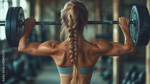 A woman stands up while performing an overhead squat, pressing a barbell overhead. This routine workout contributes to both physical and mental health. photo