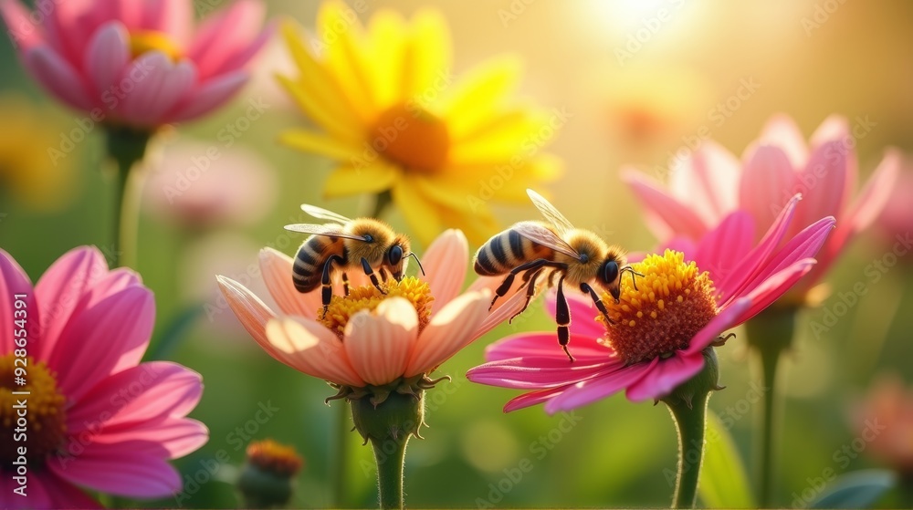 Two bees gather nectar from vibrant pink and yellow flowers in a sunlit garden, capturing the essence of nature's beauty and harmony. Two bees gather nectar from vibrant pink and yellow flowers in a sunlit garden, capturing the essence of nature's beauty and harmony.