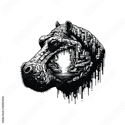 silhouette of Hippo filled with destroyed futuristic dystopia environment in rough drawing,