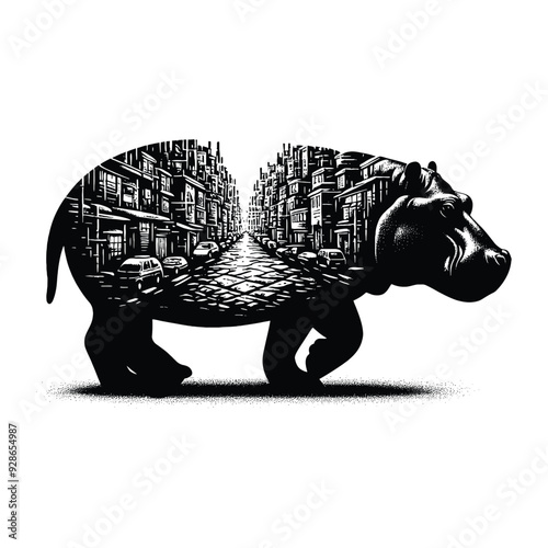 silhouette of Hippo filled with ghetto street in rough drawing,