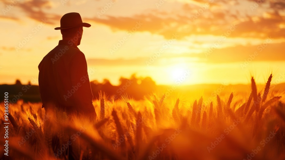 A farmer gazes at a stunning sunset over golden wheat fields, embracing the beauty of nature and the tranquility of rural life. A farmer gazes at a stunning sunset over golden wheat fields, embracing the beauty of nature and the tranquility of rural life.